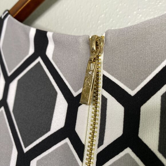 Eliza J Dress Women's 2 Gray Pink Shift Geometric 1/2 Sleeve Art Deco 60's Mod - Picture 7 of 14